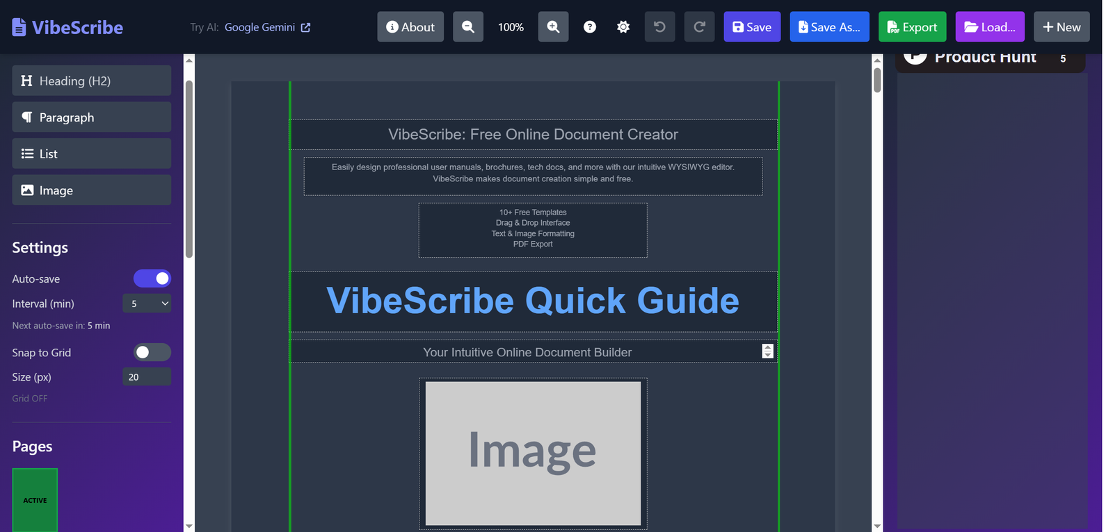 VibeScribe application interface showing document editing features